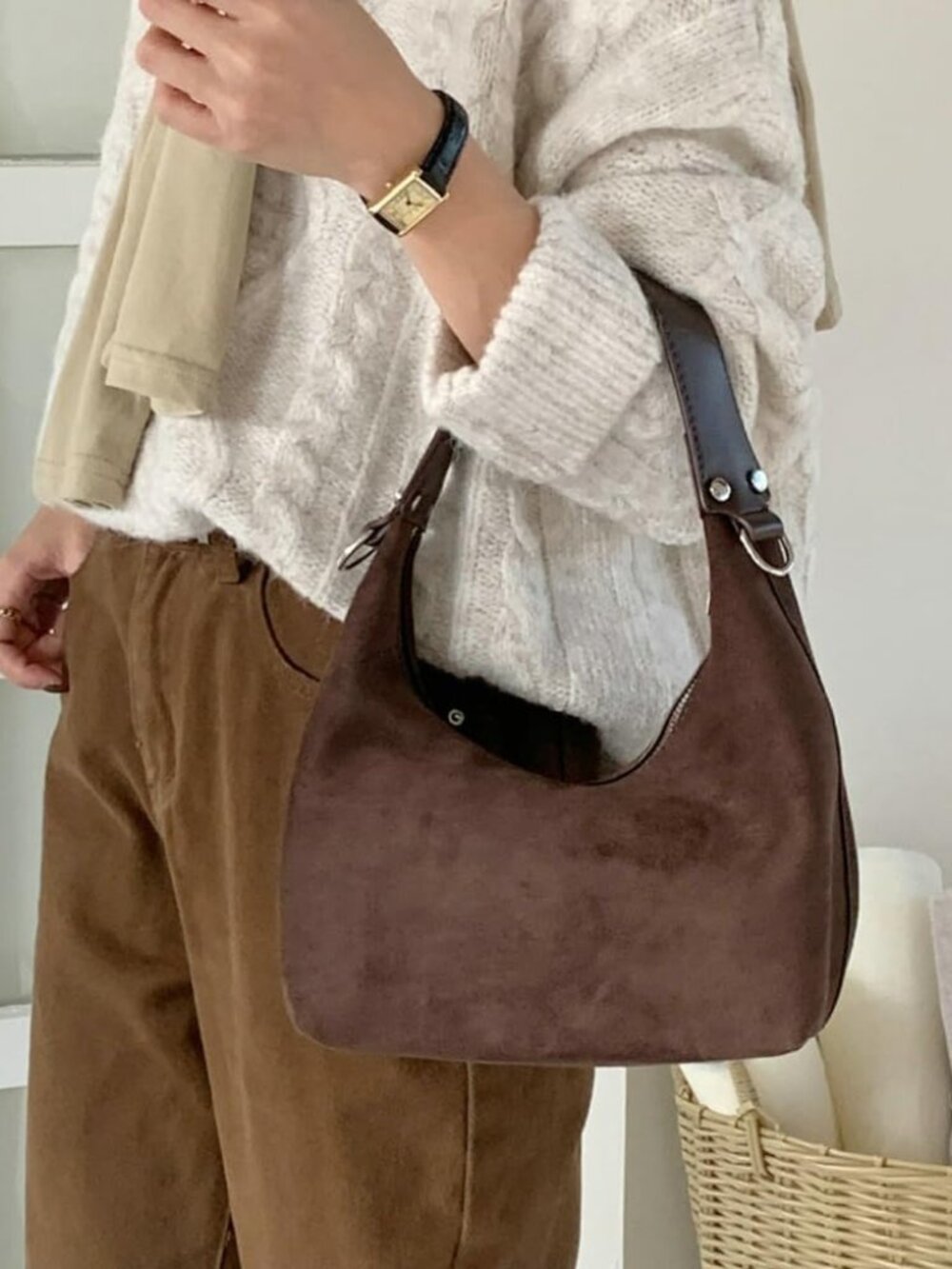 Suede Crescent Tote Bags for Women Vintage Shoulder Bag Brown Suede Handbag Casu - Picture 7 of 7